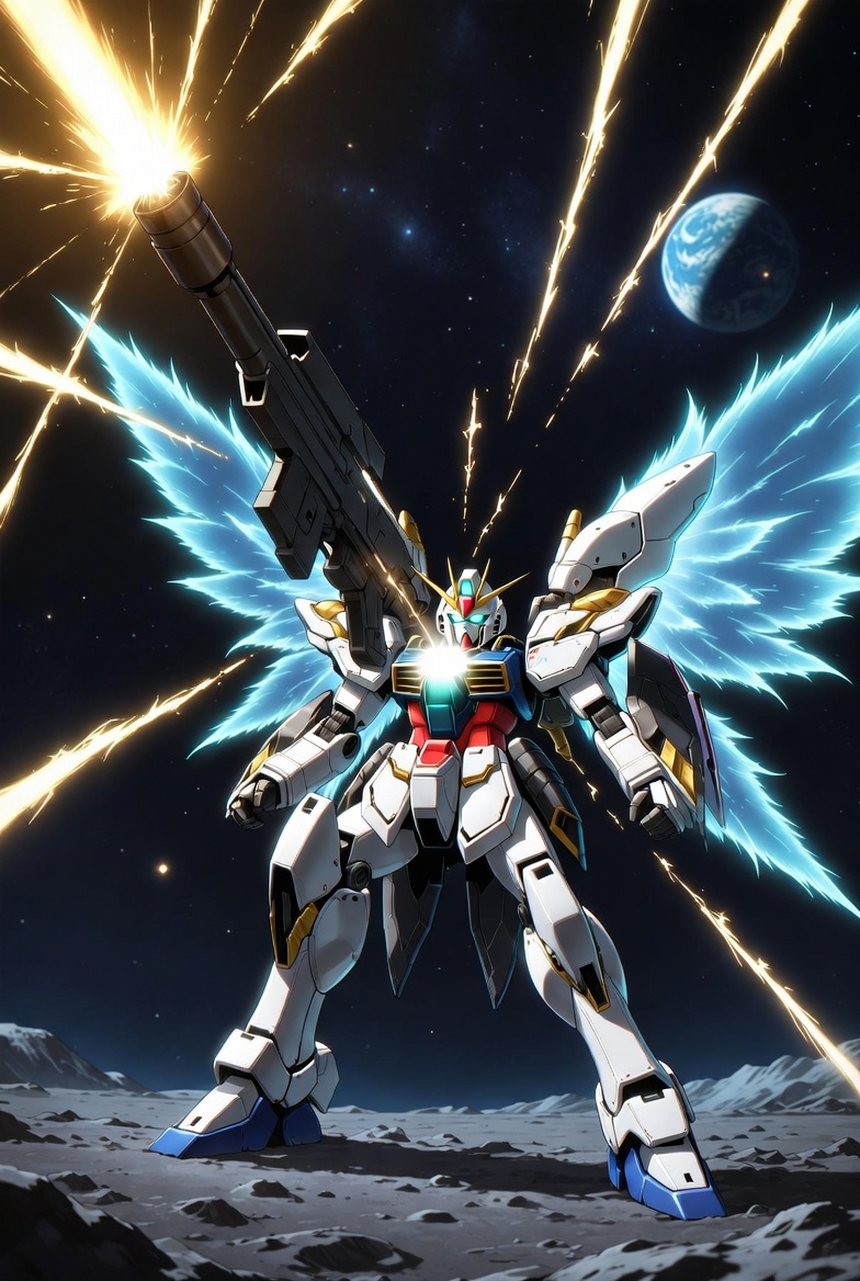 달 표면에서 새틀라이트 캐논을 충전 중인 건담 X의 웅장한 모습