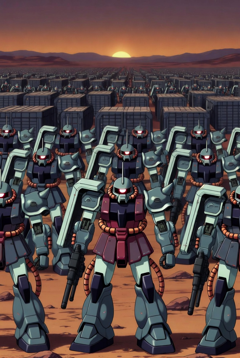 사막을 행군하는 양산형 자쿠 II 부대의 모습. 현실적인 에너지 저장 장치(BESS)의 비유.