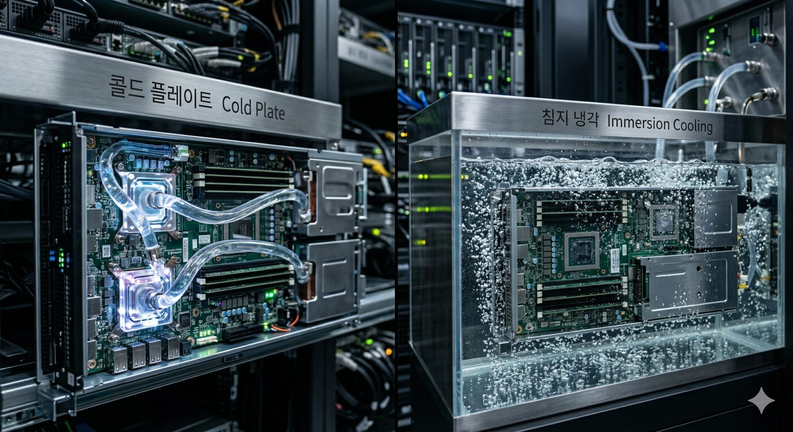 1000W AI 칩 액체 냉각 기술 및 콜드 플레이트 서버 랙 실사 인포그래픽