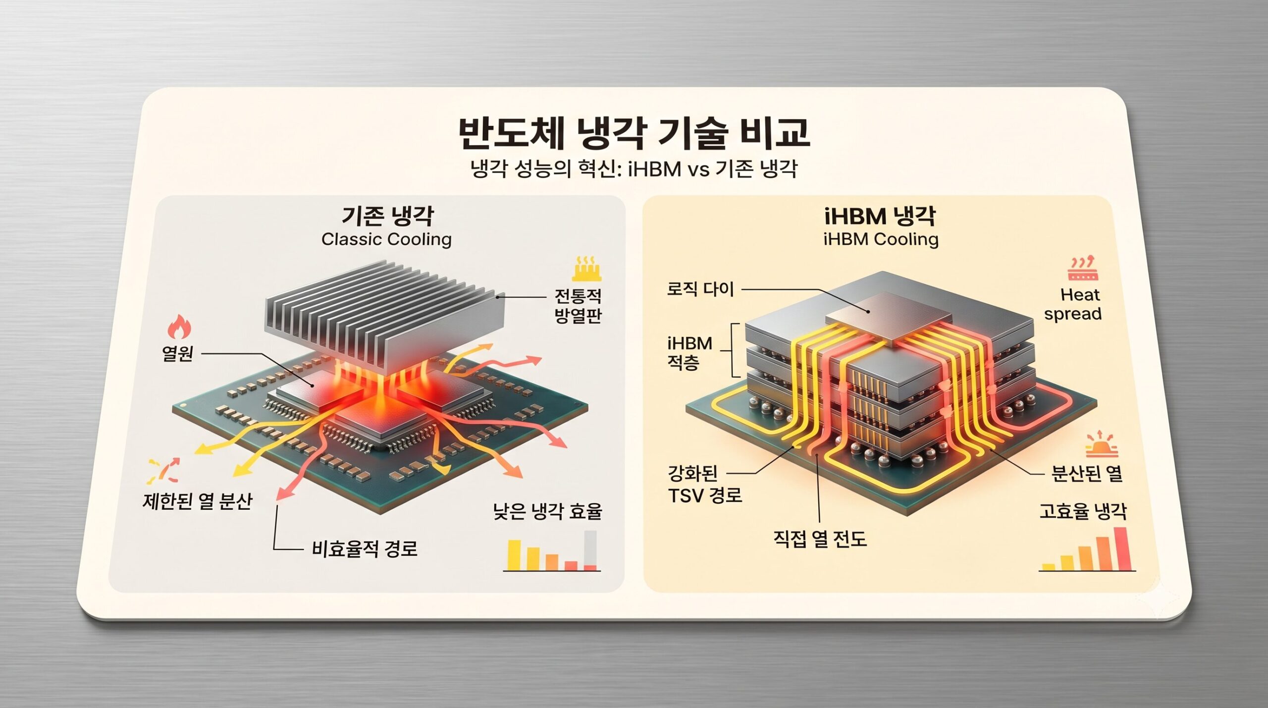 기존 HBM 냉각 방식과 SK하이닉스 HBM5에 적용될 iHBM 기술 비교 분석